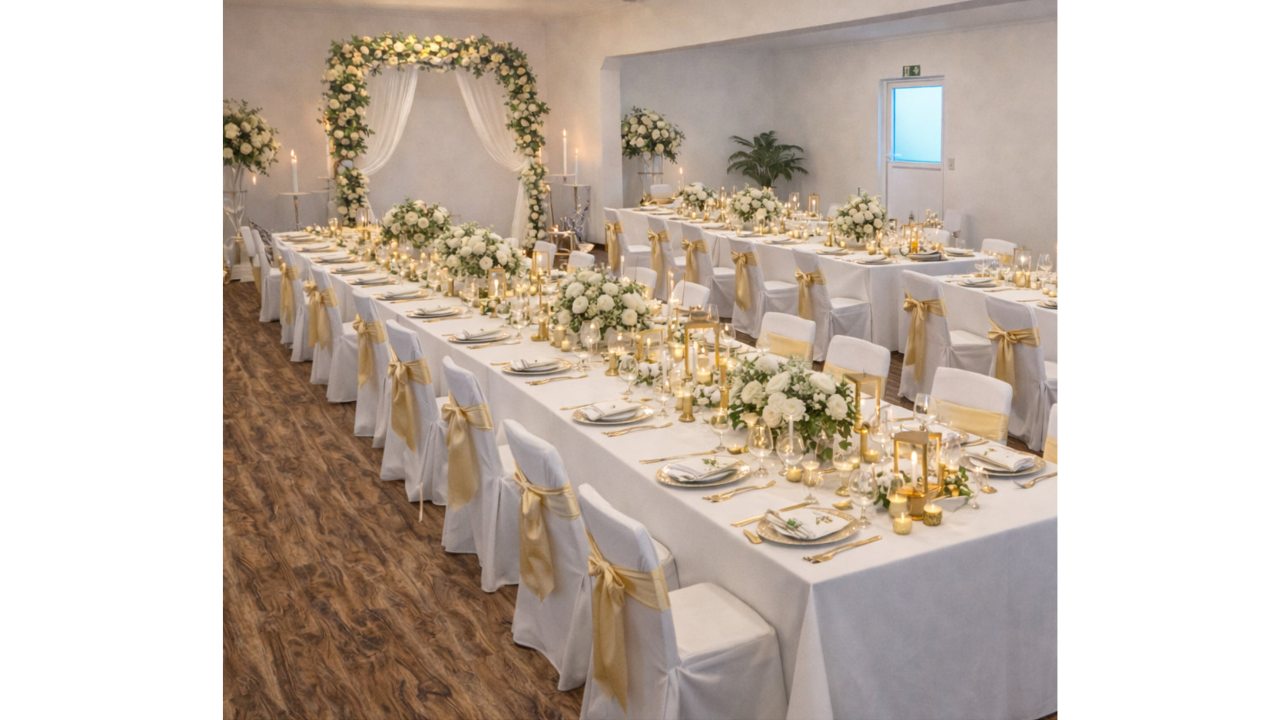 Festlich gedeckte Hochzeitstafel in Jimmys Eventlocation in Giebelstadt bei Würzburg